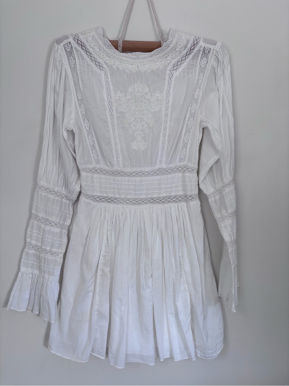 Free People White Embroidered Lace-Trim Long Sleeve Dress | Size 4 | Cottagecore